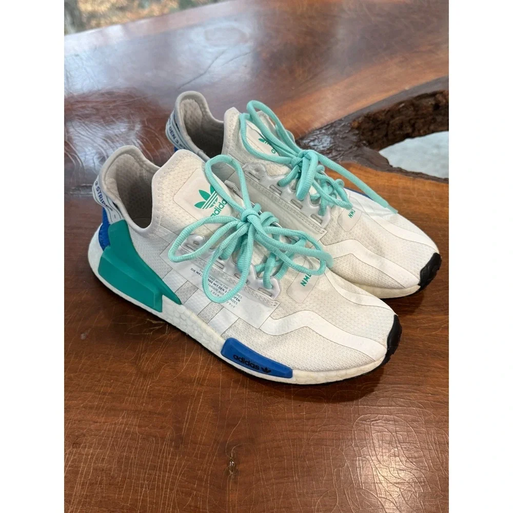 Adidas NMD R1 White Blue Green Boost Sneakers‎ Men's Size 7.5 Running Shoes